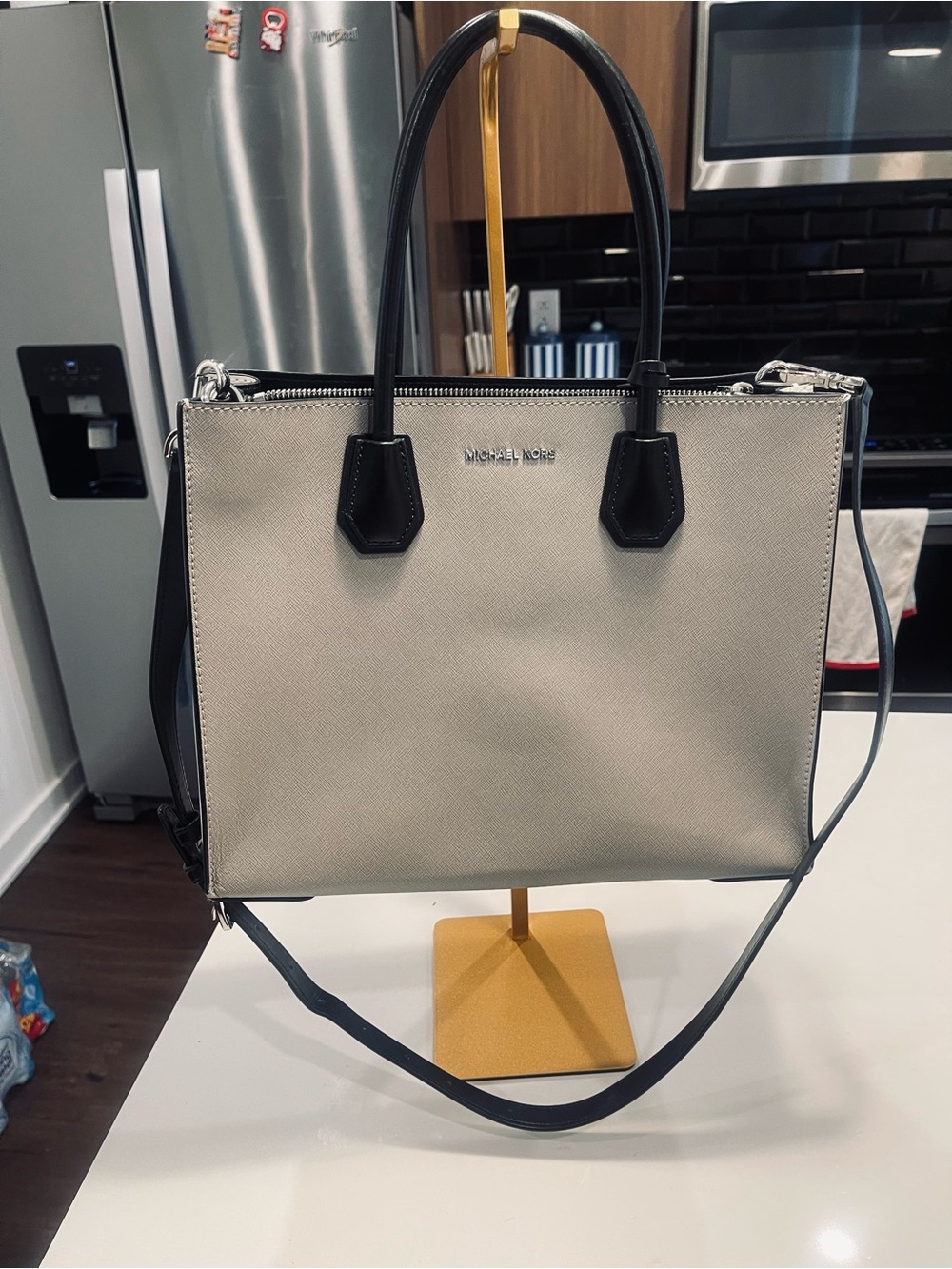 Michael Kors Mercer convertible tote in gray and black pebbled leather
